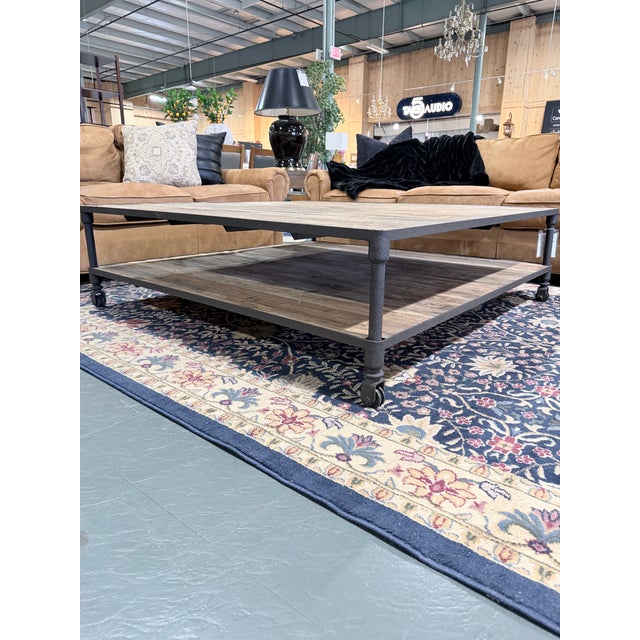 Industrial Restoration Hardware Dutch Industrial Reclaimed Elm & Steel Square Coffee Table With Casters For Sale - Image 3 of 7
