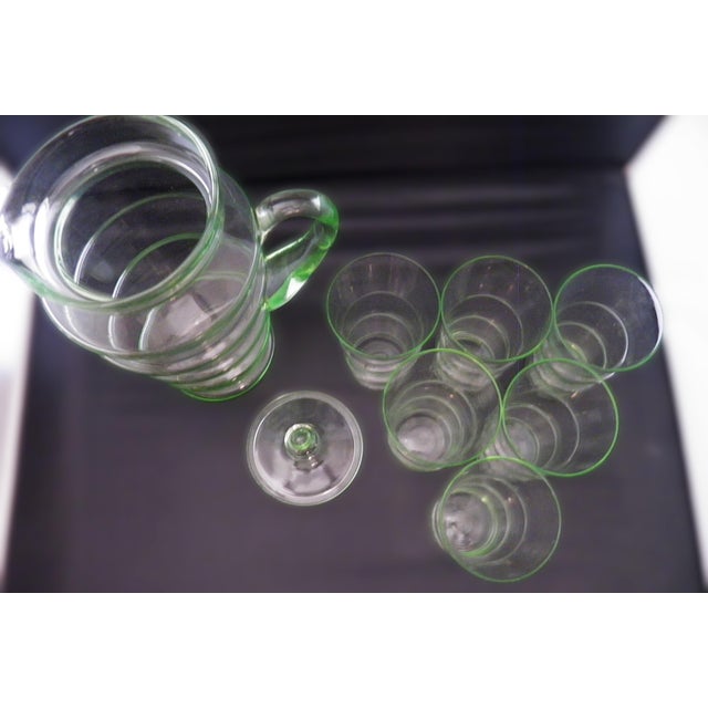 Antique Art Deco Dunbar Green Uranium Glass Pitcher 6 Tumblers Large 8pc Set For Sale - Image 12 of 18