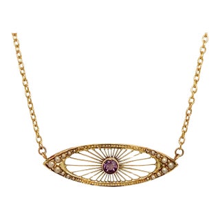 Early 20th Century Edwardian 14k Gold Amethyst and Seed Pearl Necklace For Sale
