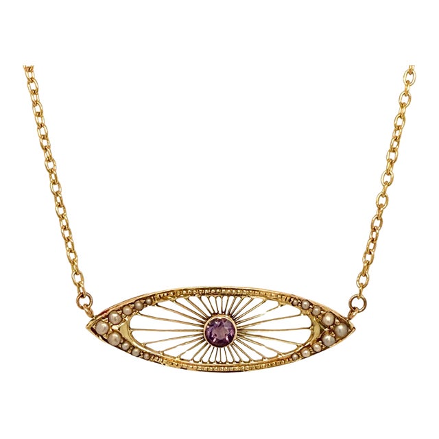 Early 20th Century Edwardian 14k Gold Amethyst and Seed Pearl Necklace For Sale