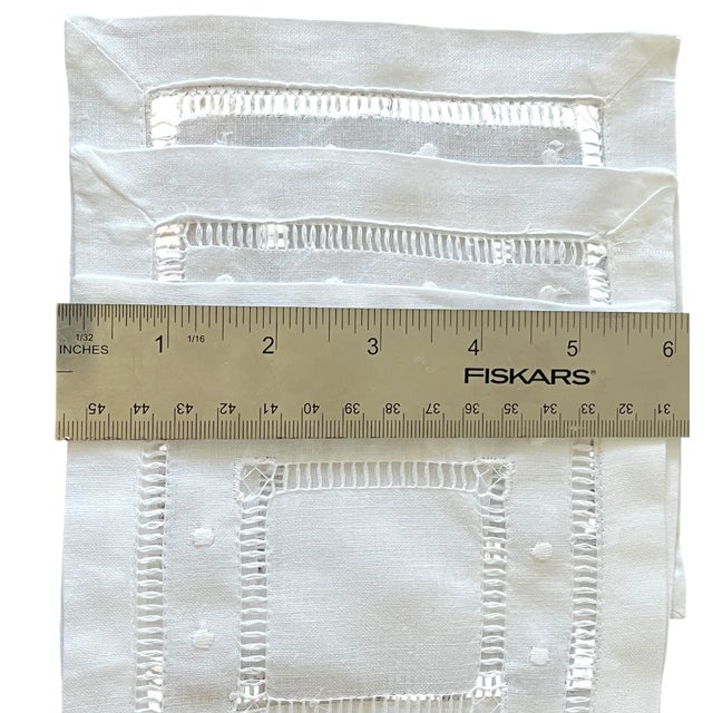 English English Hand-Embroidered White Linen-Cotton Cocktail Napkins With Double Hemstitch — Set of Six New For Sale - Image 3 of 3
