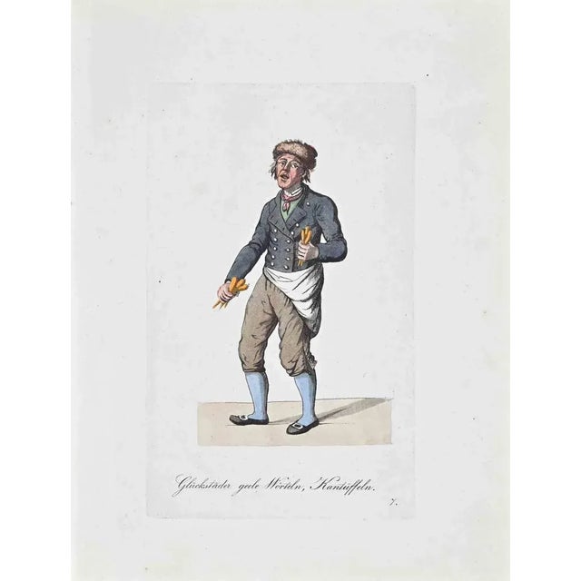 Hand-colored etching by Christoph Suhr in 1808. Belongs to the series "Der Ausruf in Hamburg dargestellt in einhundert und...