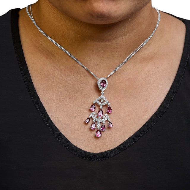 18K White Gold 1 1/10 Cttw Diamond and Pink Tourmaline Double-Strand Art Deco Inspired Chandelier 18" Pendant Necklace For Sale - Image 4 of 5