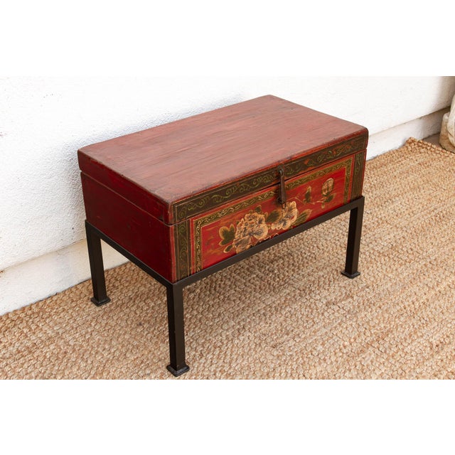 Chinese Vintage Painted Chest on Iron Stand End Table For Sale - Image 3 of 10