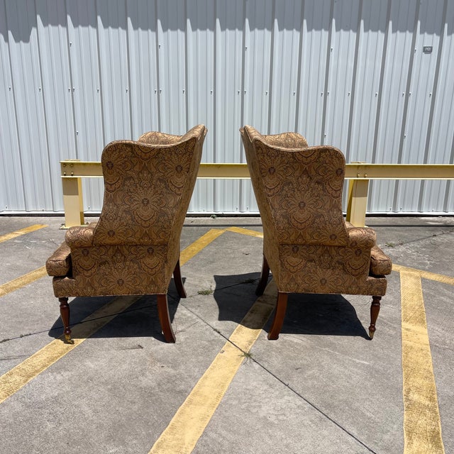 Victorian Style Damask Upholstery Wingback Chairs by Southwood, a Pair For Sale - Image 14 of 17