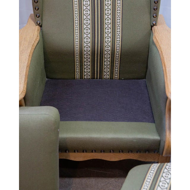Henning Kjaernulf Pair of Attributed to Henning Kjærnulf Danish Oak Lounge Chairs With Ottoman, C. 1960s For Sale - Image 4 of 18