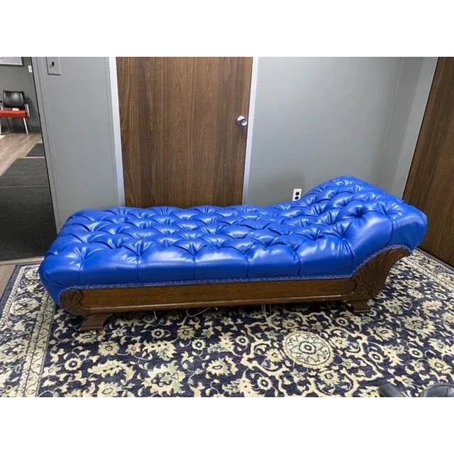 Art Deco Antique Oak Tufted Fainting Couch in Royal Blue Chaise Lounge Daybed For Sale - Image 3 of 7