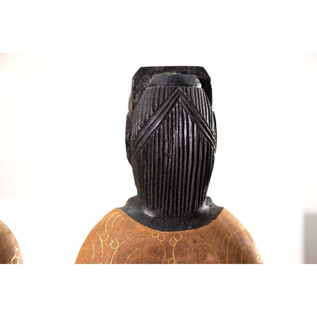 Brown Pair of Vintage Chinese Wood Hand Painted Lacquer Figurine Sculptures Shanghai For Sale - Image 8 of 14