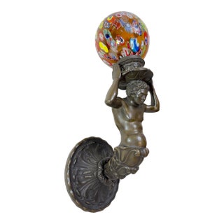 Antique Figural Patinated Bronze Man Wall Sconce Fixture Millefiori Glass Shade For Sale