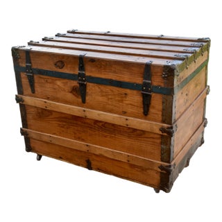 Antique Edwardian Style Pine & Metal Steamer Trunk For Sale