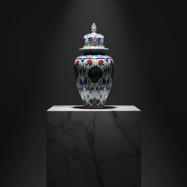 Handmade Ceramic Iznik Shah Vase with Lid (Classic Floral Style) Red Carnation and Central Hatayi Medallion For Sale - Image 4 of 8