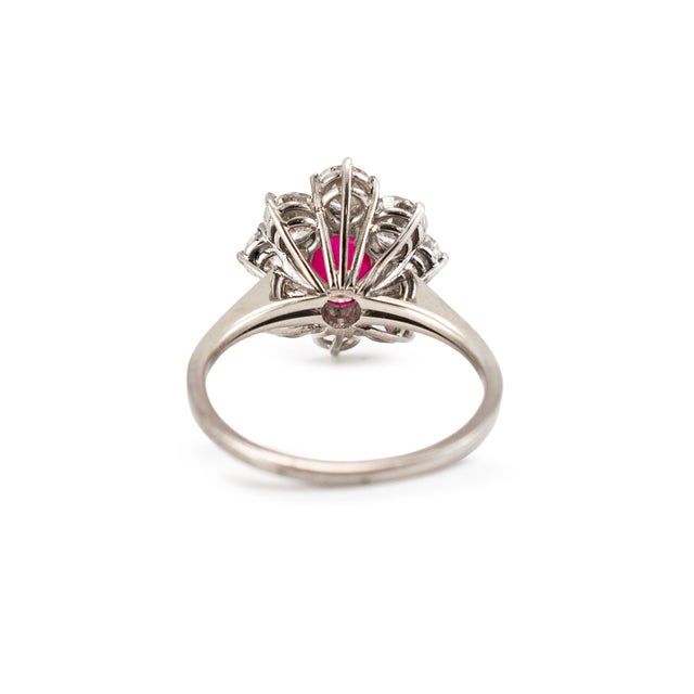 Vintage 18k White Gold Gia 3.93ctw Burma Ruby Halo Diamond Floral Cocktail Ring, Size 6.5 For Sale In Houston - Image 6 of 8