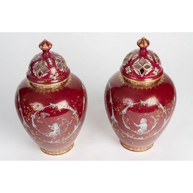 Pair of lidded vases made of painted porcelain, 19th century, napoleon iii period. Pair of lidded vases from the 19th...