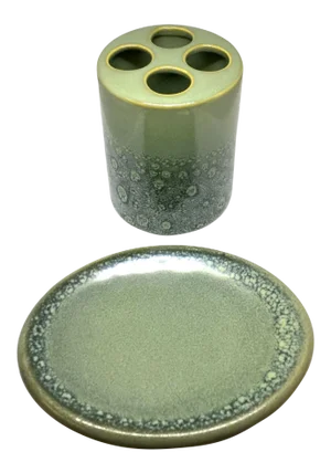 1960s Mid-Century Modern Green Speckle Brush Holder Trinket Tray Vanity Set - Set of 2