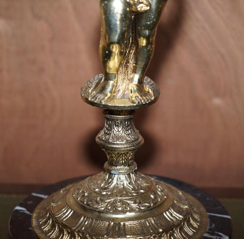 Large Marble Brass Table Lamp with Cherub Puttis Angel, 1940s