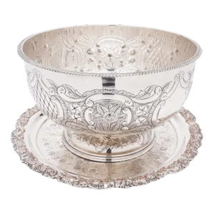 Vintage Hand Chased English Sheffield Punch Bowl & Tray, C. 1900-50