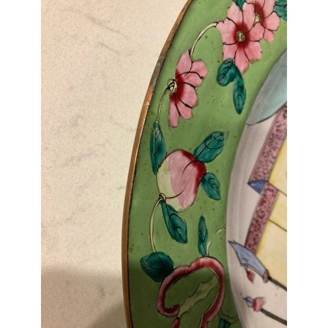 Midcentury Canton Style Hand Painted Enamel Plate With Green Figural Scene and Copper For Sale - Image 4 of 8