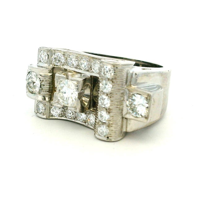 Vintage Platinum Diamond Cocktail Ring, 3 Carats Total, 1940s, Size 6.5 For Sale - Image 16 of 17