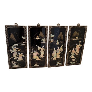 Vintage Asian Chinoiserie Black Lacquer Wall Plaques Art With Mother-of-Pearl Inlay For Sale