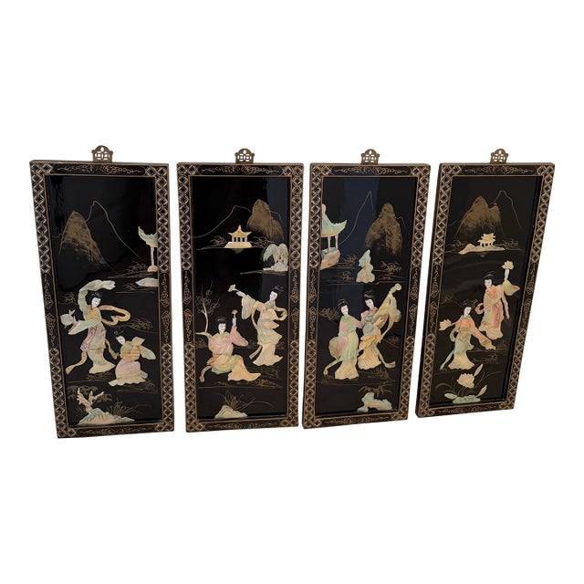 Vintage Asian Chinoiserie Black Lacquer Wall Plaques Art With Mother-of-Pearl Inlay For Sale