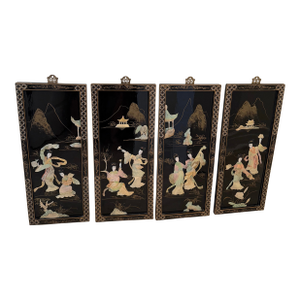 Vintage Asian Chinoiserie Black Lacquer Wall Plaques Art With Mother-of-Pearl Inlay
