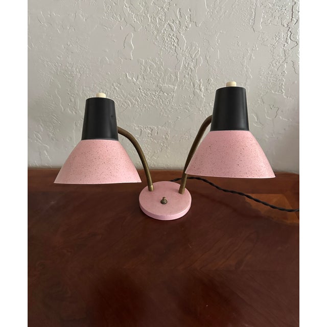 Mid-Century Modern 1950s Mid-Century Modern Dual Gooseneck Desk Lamp; Pink and Black Metal Cones For Sale - Image 3 of 14
