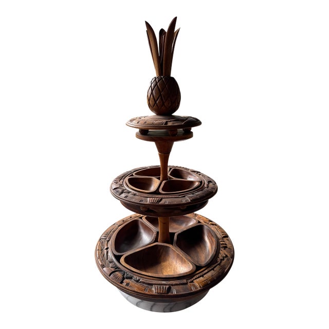 Vintage Hand-Carved, Three-Tiered Monkey Pod Wood Lazy Susan Serving Tray For Sale