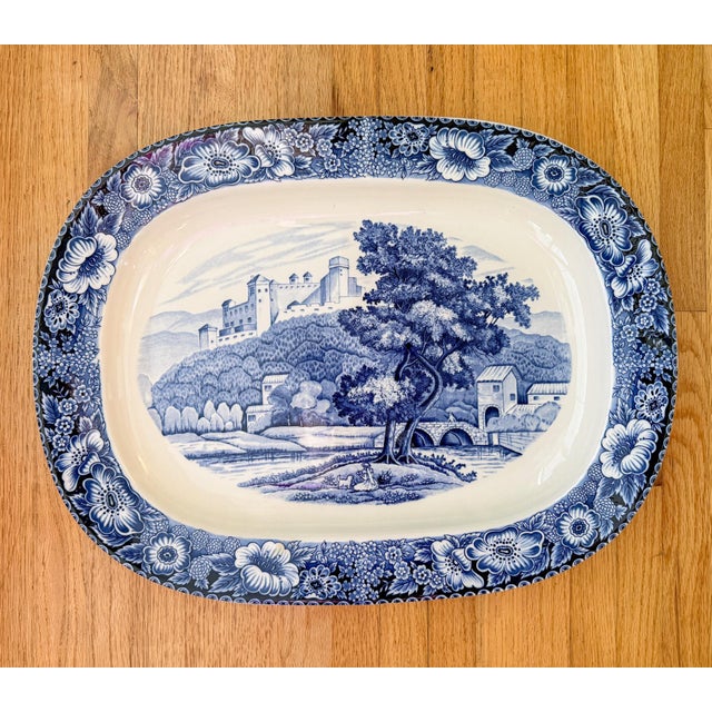 Vintage Import Blue Transferware Platter With Trees and Castle For Sale - Image 4 of 8