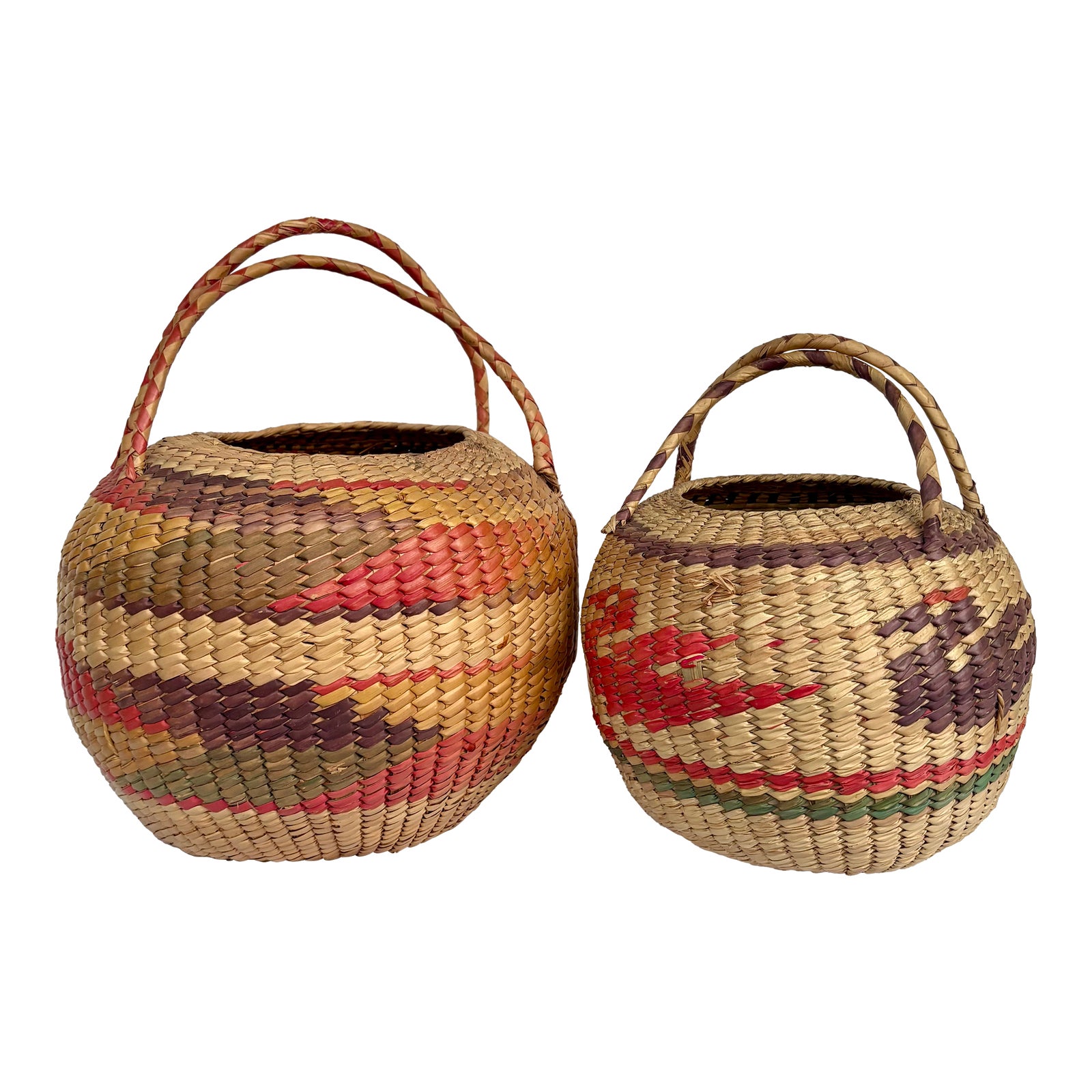 Late 20th Century Vintage Mexican Folk Art Woven Palm Baskets With ...