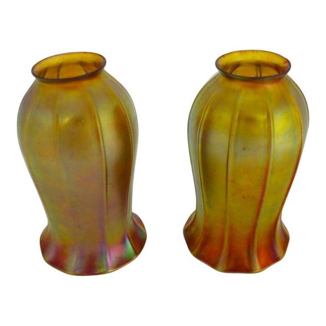 Steuben Pair of Antique Steuben Gold Aurene Tulip Shaped Art Glass Shades C1920 For Sale - Image 4 of 7