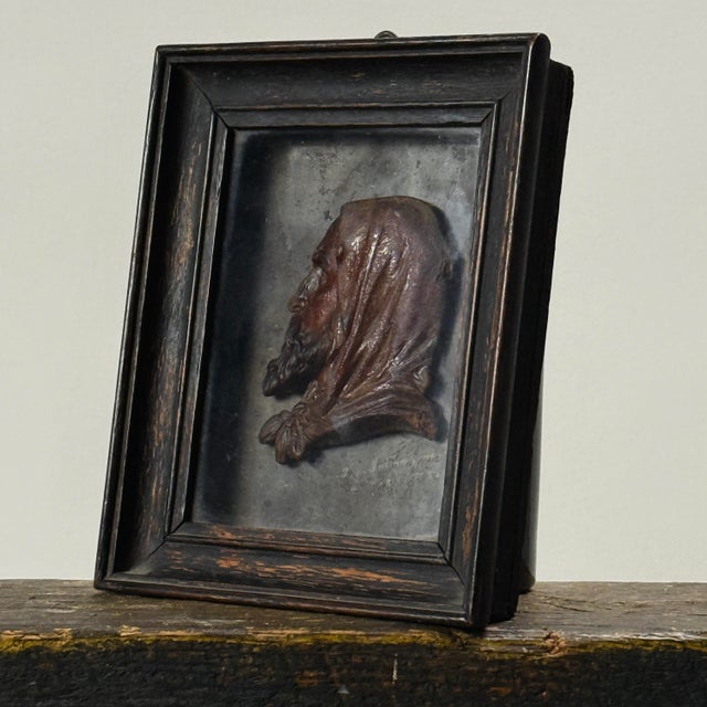 Figurative Antique French Red Bas-Relief Wax Profile of a Bearded Man With Hood, Signed For Sale - Image 3 of 7