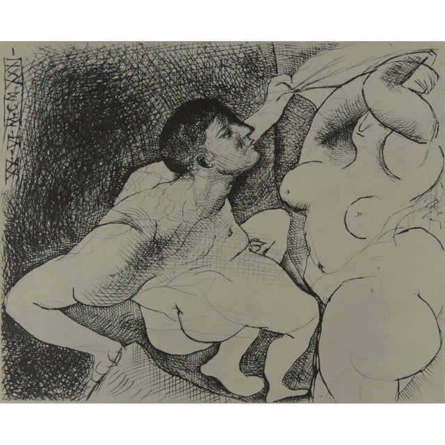 After Pablo 'Man Unveiling a Woman' lithograph. Pencil signed and gallery stamped lower right "Galerie Mathias Fels,...