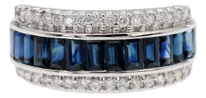 18k 750 Solid White Gold Natural Diamond and Natural Sapphire Band Ring, Size 7