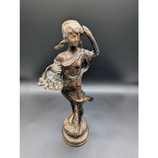 Antique Victorian-Style Bronze Sculpture: Girl With Basket For Sale - Image 4 of 10