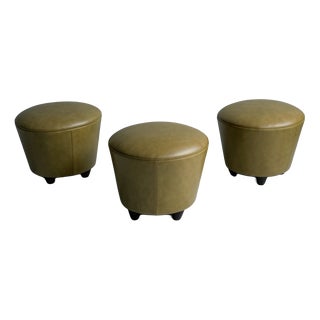 Italian Modern Green Faux Leather Pouf, 1970s, Set of 3 For Sale