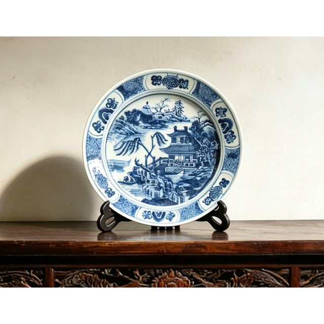 Art Deco Early 20th Century Chinese Ceramic Plate,Blue and White Porcelain Plate Hand Painted Landscape Pattern For Sale - Image 3 of 12