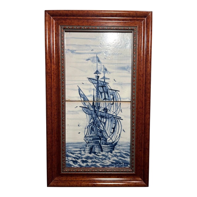 Vintage Sant’Anna Lisboa Portugal Hand-Painted and Framed Ship Scene Tile Panel For Sale