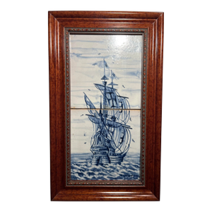 Vintage Sant’Anna Lisboa Portugal Hand-Painted and Framed Ship Scene Tile Panel