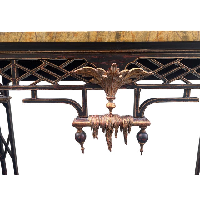 1990s Chinese Chippendale Chinoserie Faux Marble Top Console / Sofa Tables a Pair For Sale - Image 18 of 18