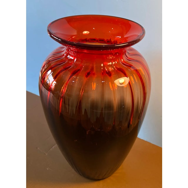 Glass Lart Fluted Art Glass Vase Brown Orange Red Ombre For Sale - Image 7 of 12