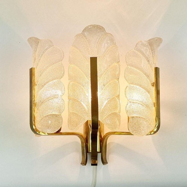 Mid-Century Modern Large Scandinavian Glass & Brass Leaf Wall Light attributed to Carl Fagerlund for Orrefors, 1960s For Sale - Image 3 of 11