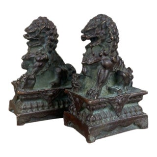 Pair of Miniature Bronze Guardian Lions – 1.8" Foo Dog Statues on Pedestals For Sale