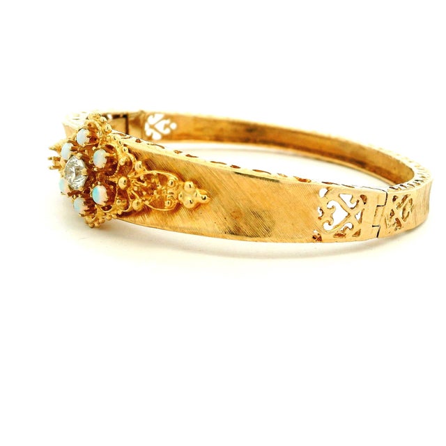 Vintage 14k Gold Diamond and Opal Hinged Bangle Bracelet For Sale - Image 9 of 12