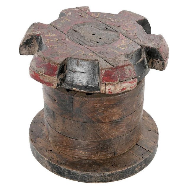 This industrial solid wood mold, converted into a harness or side table, is distinguished by its factory style and its...