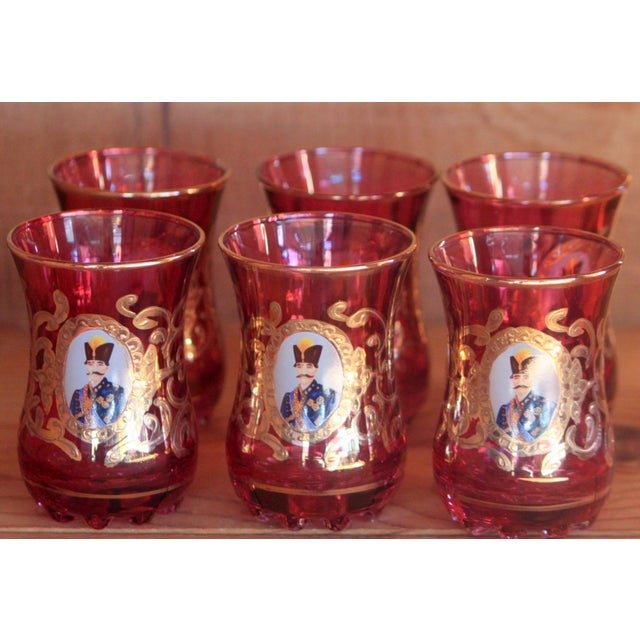 Persian Vintage Set of 6 Persian Shah Tea Glasses Cranberry Glass Gilt Trim For Sale - Image 3 of 6