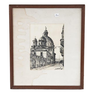 Sandro Varagnolo, Urban View with Basilica, 1970s, Artwork on Paper For Sale