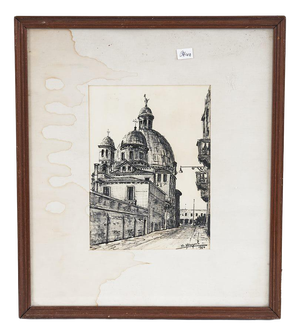 Sandro Varagnolo, Urban View with Basilica, 1970s, Artwork on Paper