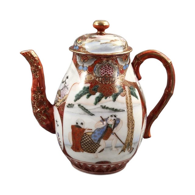 Ceramic Meiji Japanese Kutani Aka-E and Kinran-De Teapot with Vase Stand, 1890, Set of 2 For Sale - Image 7 of 18