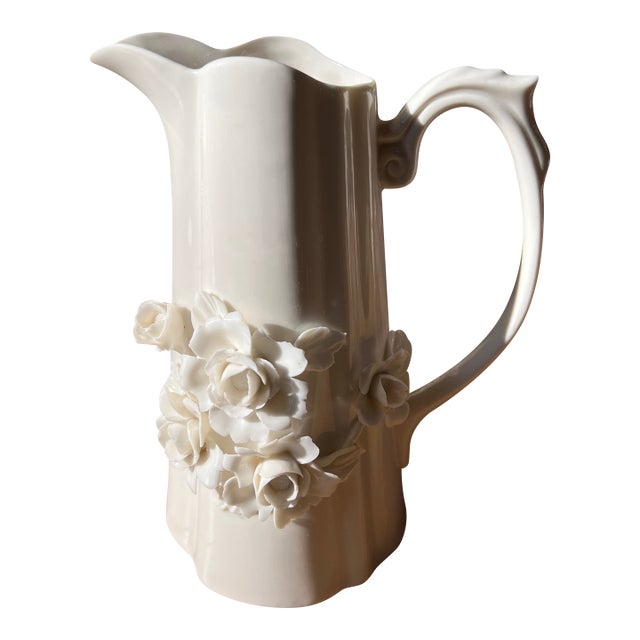 White Ceramic Floral Vintage Pitcher For Sale