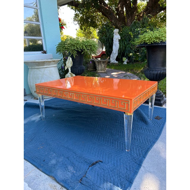 Mid-Century Modern Style High-Gloss Orange Lacquered Wood and Lucite Greek Key Coffee Table by Julio Jimenez For Sale In Miami - Image 6 of 17